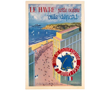Original vintage sport advertising poster for the Tour of France cycling race of 1955 and its departure city of Le Havre: Le 