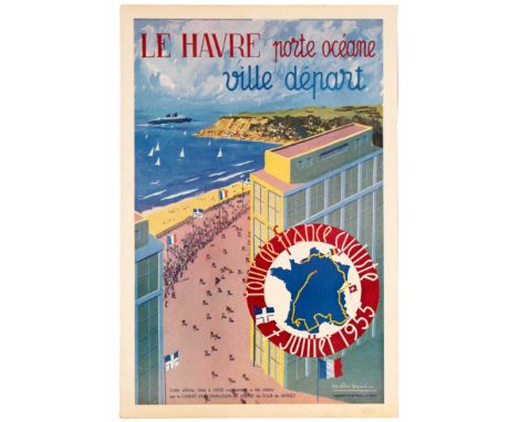 Original vintage sport advertising poster for the Tour of France cycling race of 1955 and its departure city of Le Havre: Le 