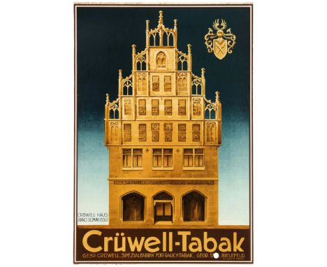 Original vintage advertising poster for Cruwell-Tabak tobacco. Bold illustration of a building on a blue background.  Gebrude
