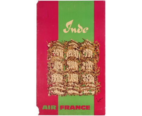 Original vintage travel poster for India issued by Air France. Great illustration by Georges Mathieu (1921 - 2012) on a bold 