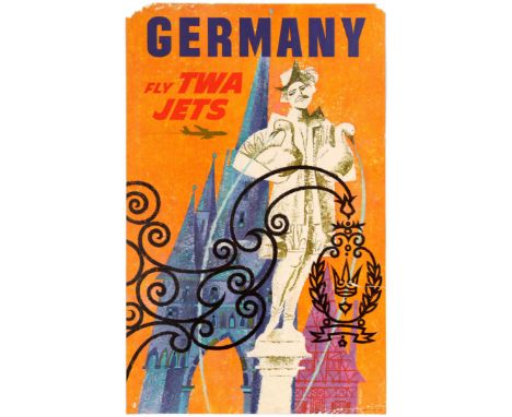 Original vintage travel advertising poster: Germany Fly TWA Jets designed by renowned American artist, David Klein (1918-2005