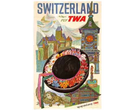 Original vintage travel advertising poster: Switzerland Fly TWA designed by renowned American artist, David Klein (1918-2005)