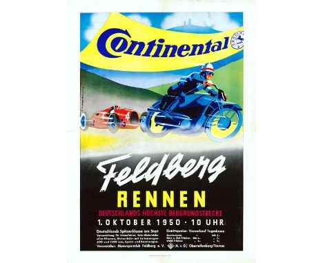 Original vintage motor racing poster for Feldbergrennen - Germany's highest mountain racetrack - on 1 October 1950. Colourful