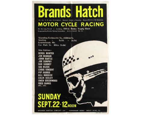 Original vintage Brands Hatch Motorcycle Racing poster for the race held on September 22, 1963, with a programme including th