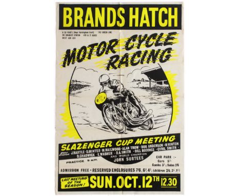 Original vintage Brands Hatch Motorcycle Racing poster for the Slazenger Cup Meeting held on Brands Hatch circuit on October 