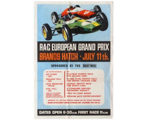 Original vintage Royal Automobile Club racing poster for the European Grand Prix at Brands Hatch on July 11, 1964, featuring 