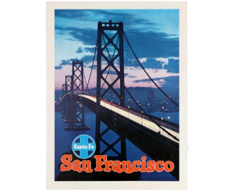 Original vintage travel poster published by the Santa Fe Railway to promote travel to the west with a rich colour photograph 
