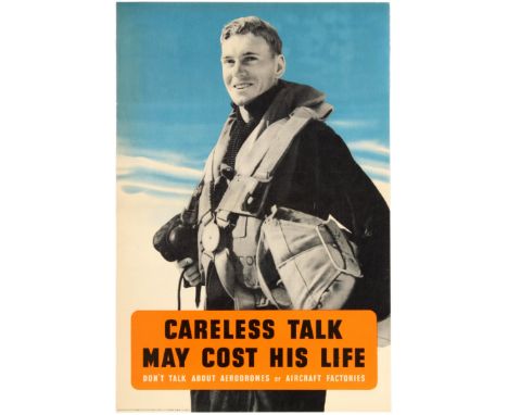 Original vintage British World War Two poster - Careless talk may cost his life, Don't talk about aerodromes or aircraft fact