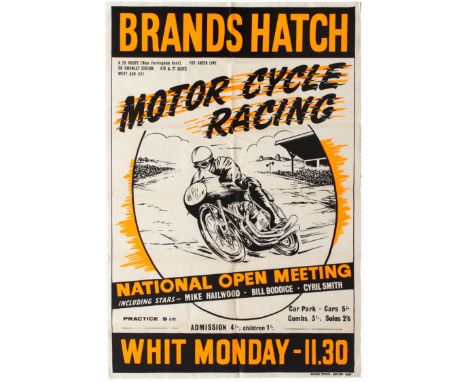 Original vintage Brands Hatch Motorcycle Racing poster for the National Open Meeting race on Whit Monday with star entries fr