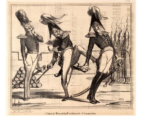 Original vintage caricature print by Honore Daumier titled 'Amiral Menschikoff on a tour of inspection' (L'Amiral Menschikoff