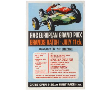 Original vintage Royal Automobile Club racing poster for the European Grand Prix at Brands Hatch on July 11, 1964, featuring 