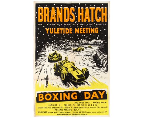 Original vintage racing poster for the Yuletide Meeting race held on Boxing Day of 1958 at Brands Hatch. Brands Hatch is a mo