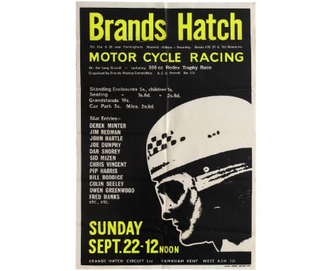 Original vintage Brands Hatch Motorcycle Racing poster for the race held on September 22, 1963, with a programme including th