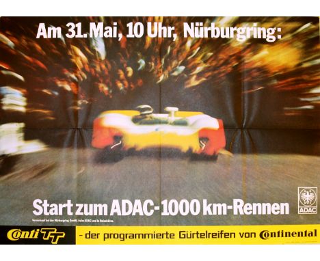 Original vintage sport poster advertising the Nurburgring 1000km Race ADAC. Photo: Rainer W Schlegeilmilch. Printed by C Gerb