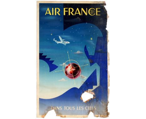 Original vintage travel poster published by Air France to promote its services across the world with a fantastic Art Deco ins