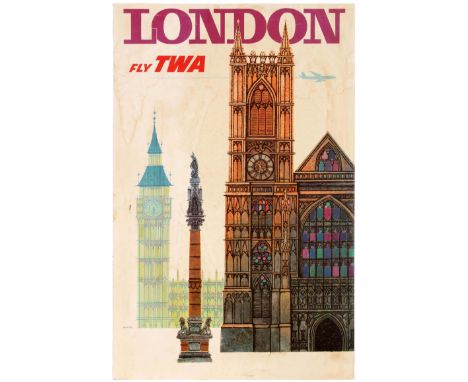 Original vintage travel advertising poster: London Fly TWA designed by renowned American artist, David Klein (1918-2005). In 
