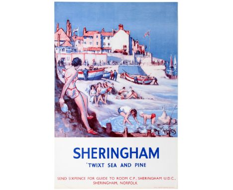 Original vintage travel advertising poster for Sheringham "'twixt sea and pine" featuring an artwork by Thomas William Armes 