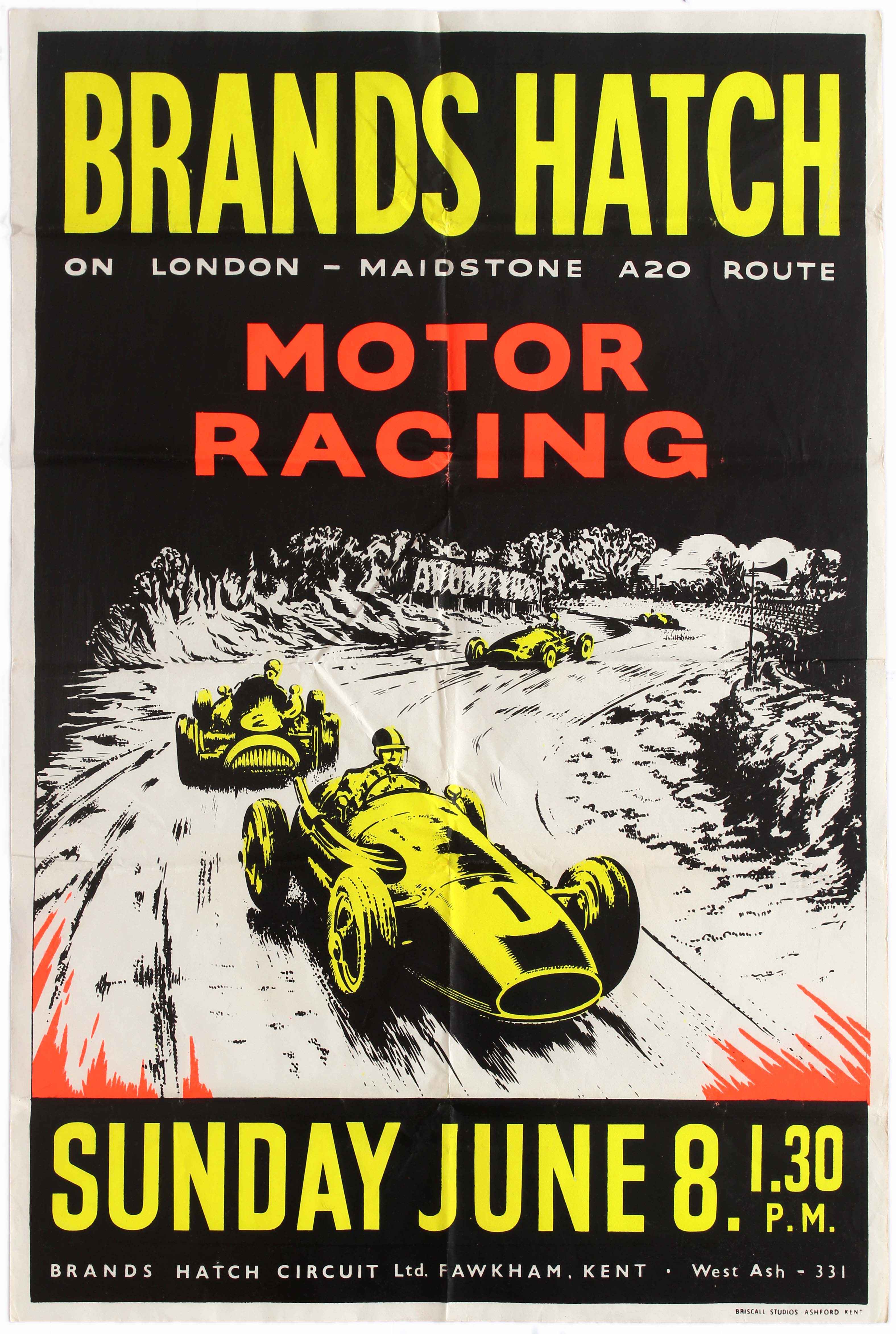 Original vintage Brands Hatch Motor Racing poster for the race held on Sunday, June 8, 1958. Prin