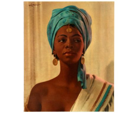 Original vintage print by artist Walter Lambert showing a portrait of an African woman wearing a blue bandana and golden earr