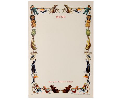 Original vintage light card menu for Guinness beer with small illustrations of small animals, including the famous Guinness t