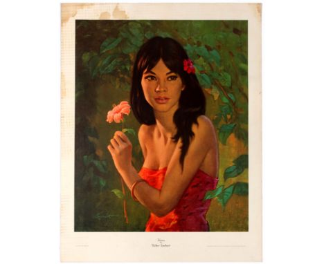 Set of two pinup prints by Walter Lambert.  1. Original vintage print by artist Walter Lambert showing a portrait of Tehura, 