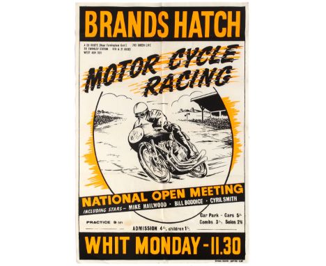 Original vintage Brands Hatch Motorcycle Racing poster for the National Open Meeting race on Whit Monday with star entries fr