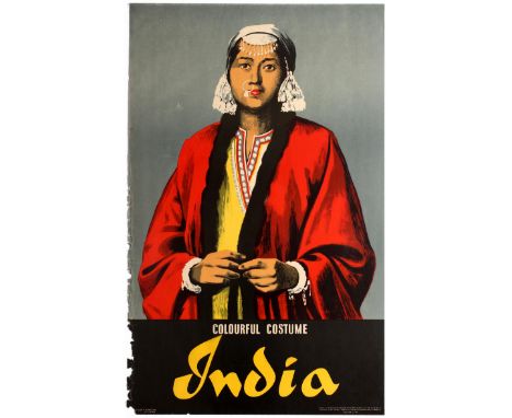 Original vintage travel advertising poster featuring a colourful illustration showing an Indian lady in a traditional dress w