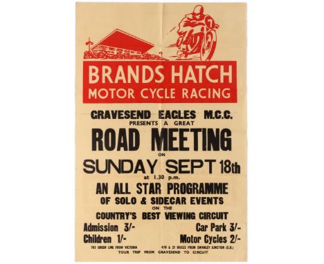 Original vintage Brands Hatch Motor Cycle Racing poster for the Road Racing event organised by Gravesend Eagles M.C.C, held o