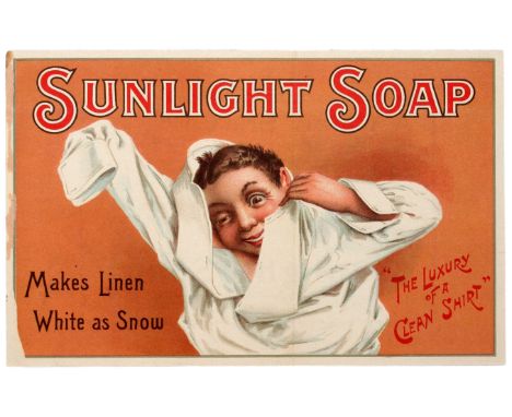 Original double-sided advertising poster leaflet Sunlight Soap - Makes Linen White as Snow - "The Luxury Of A Clean Shirt". I