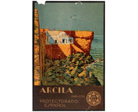 Original vintage travel poster for Asilah, which was part of Spanish Morocco, from 1912 to 1956 - Arcila, Marruecos, Protecto