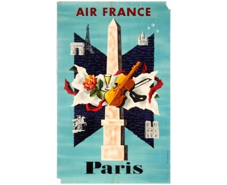 Original  vintage travel poster for Paris issued by Air France featuring a great illustration of Parisian landmarks including