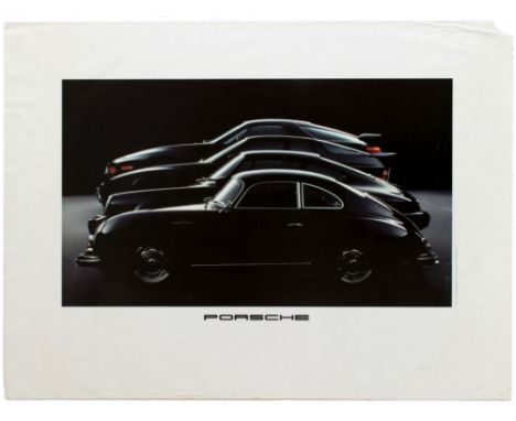 Original vintage Porsche car dealer advertising poster for the German sport cars manufacturer featuring a photograph showing 