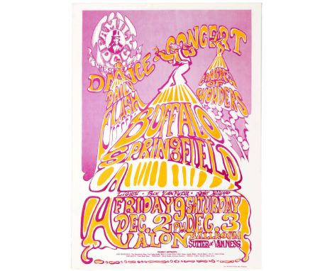 Original vintage music advertising poster for a concert by Buffalo Springfield at the Avalon Ballroom in 1966. Supporting act