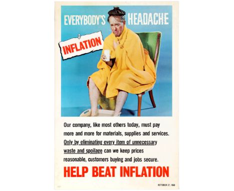 Original vintage workplace motivational propaganda poster Help Beat Inflation featuring a great photo of a ill man wrapped in