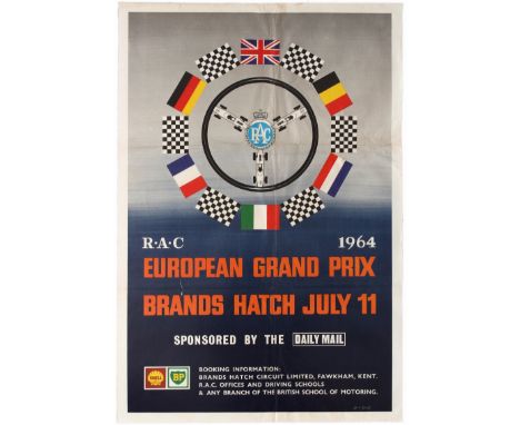 Original vintage Royal Automobile Club racing poster for the European Grand Prix at Brands Hatch on July 11, 1964. The 1964 B