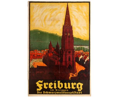 Original vintage travel advertising poster for the city of Freiburg in Germany featuring a great illustation depicting Freibu