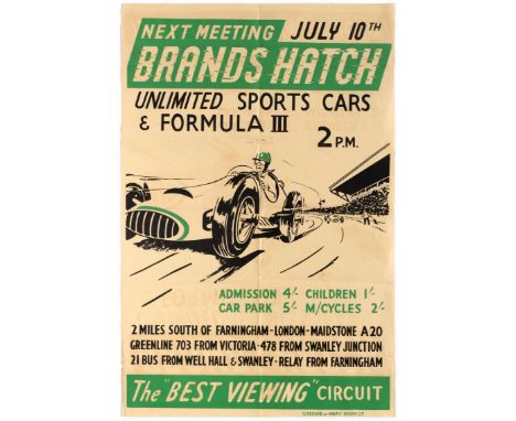 Original vintage Brands Hatch Racing Racing poster for the Unlimited Sports Cars &amp; Formula III race held on July 10, 1955