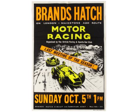 Original vintage Brands Hatch Motor Racing poster for the last meeting race of the season, held on Sunday, October 5, 1958, o