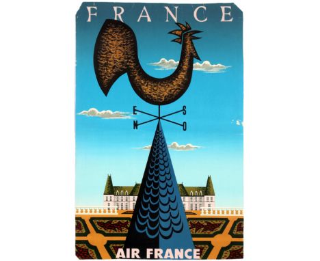 Original vintage travel poster published by Air France to promote its flights to France with a stylised design by Jean Picart