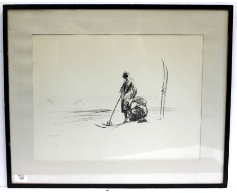 A SIGNED PRINT BY CLAUDE SHEPPERSON signed in the lower right hand corner in pencil depicting ski runs, 47cm x 35cm 