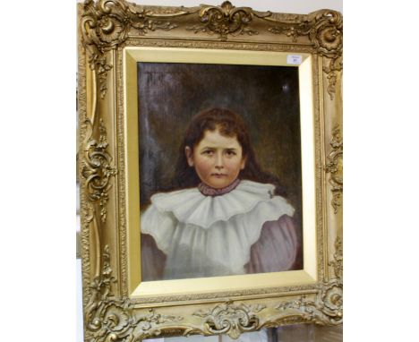 AN ANTIQUE SHOULDER LENGTH PORTRAIT OF A YOUNG GIRL, 50cm x 39.5cm together with a reprint of an Italianate overdoor (2) 