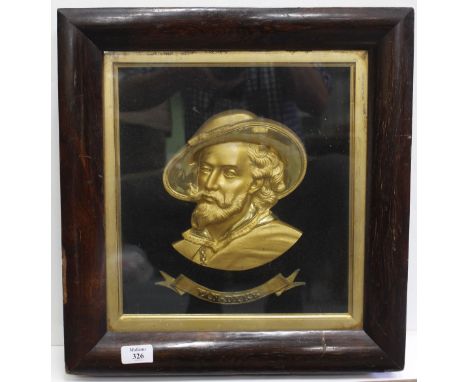 A 19TH CENTURY ORMOLU SILHOUETTE PORTRAIT OF VAN DYKE, three dimensional within a glazed rosewood cushion frame, 44cm x 42cm 