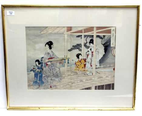 A LARGE JAPANESE COLOURED PRINT of seamstresses at work, signed, 33cm x 45cm