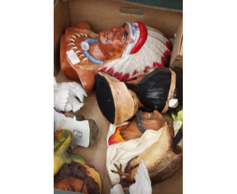 A SELECTION OF CHALK BOSSONS HEADS and painted Indian figures and a small selection of ceramic swan figurines