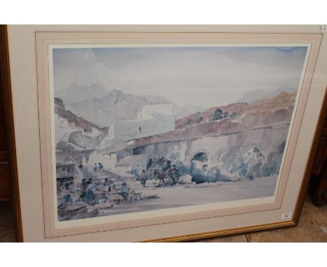 A RUSSELL FLINT PRINT LIMITED EDITION 183/500, a village landscape, 53cm x 70cm