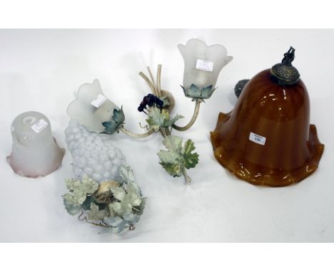 AN ORANGE GLASS HANGING LIGHT SHADE two painted toleware light fittings and a wall light shade (4)