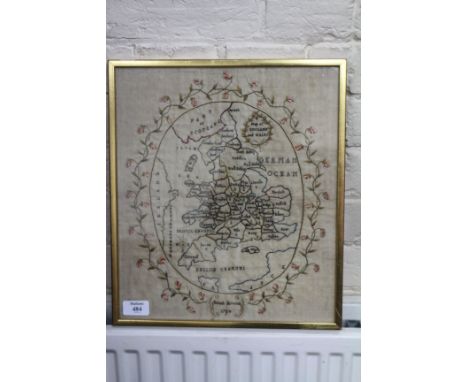 A GEORGE III MAP SAMPLER worked by 'Hannah Harwood', depicting a map of England and Wales within a floral banded border, work