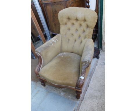 A VICTORIAN BUTTON UPHOLSTERED LOW CHAIR, a mahogany carver armchair and a marquetry inlaid occasional table (3)