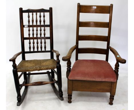 A LANCASHIRE SPINDLE BACK ROCKING CHAIR, 53cm wide and a ladder back commode chair, 66cm wide (2)