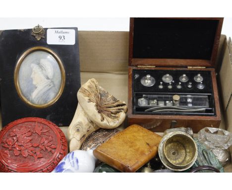 A 19TH CENTURY PROFILE PORTRAIT OF AN OLD LADY together with miscellaneous items to include an oriental red lacquered box, a 